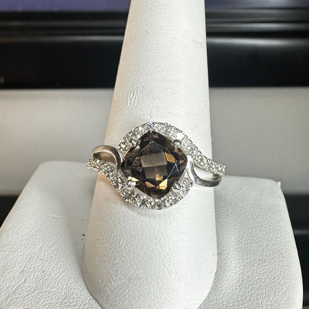 NWOT 10mm cushion cut Smokey Quartz w/ cz diamond accents all in‎ 925 ring!